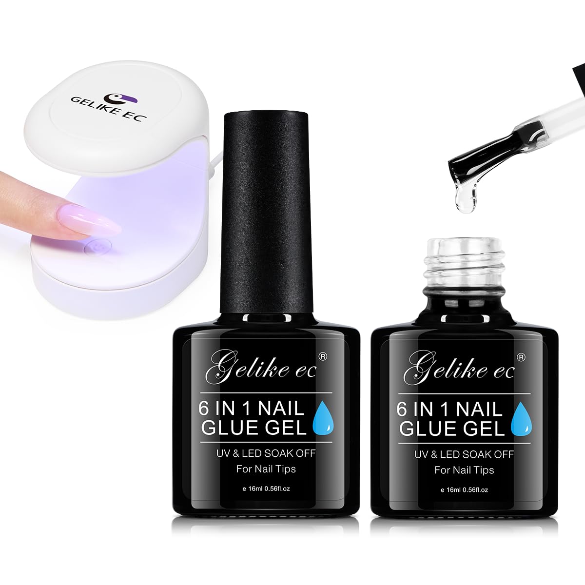 Gelike ec 6 in 1 Nail Glue Gel 32ML 2PCS: Extra Strong Nail Glue for Clear Acrylic Nails Bundle with Mini LED Nail Lamp,UV Light for Nails Easy and Flash Cure Light for Nail Extension System