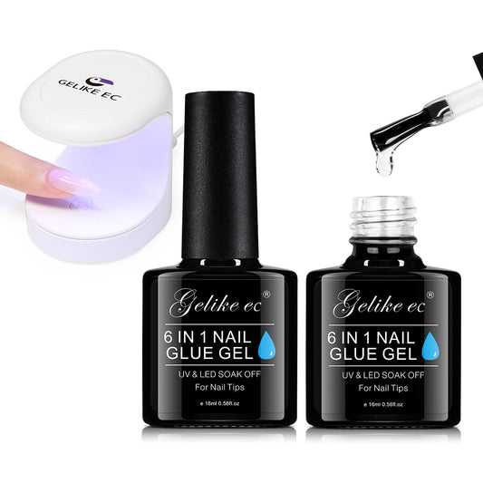 Gelike ec 6 in 1 Nail Glue Gel 32ML 2PCS: Extra Strong Nail Glue for Clear Acrylic Nails Bundle with Mini LED Nail Lamp,UV Light for Nails Easy and Flash Cure Light for Nail Extension System