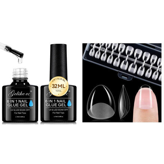 2 pcs 6 in 1 Nail Glue Gel 32ML and Short Almond Nail Tips