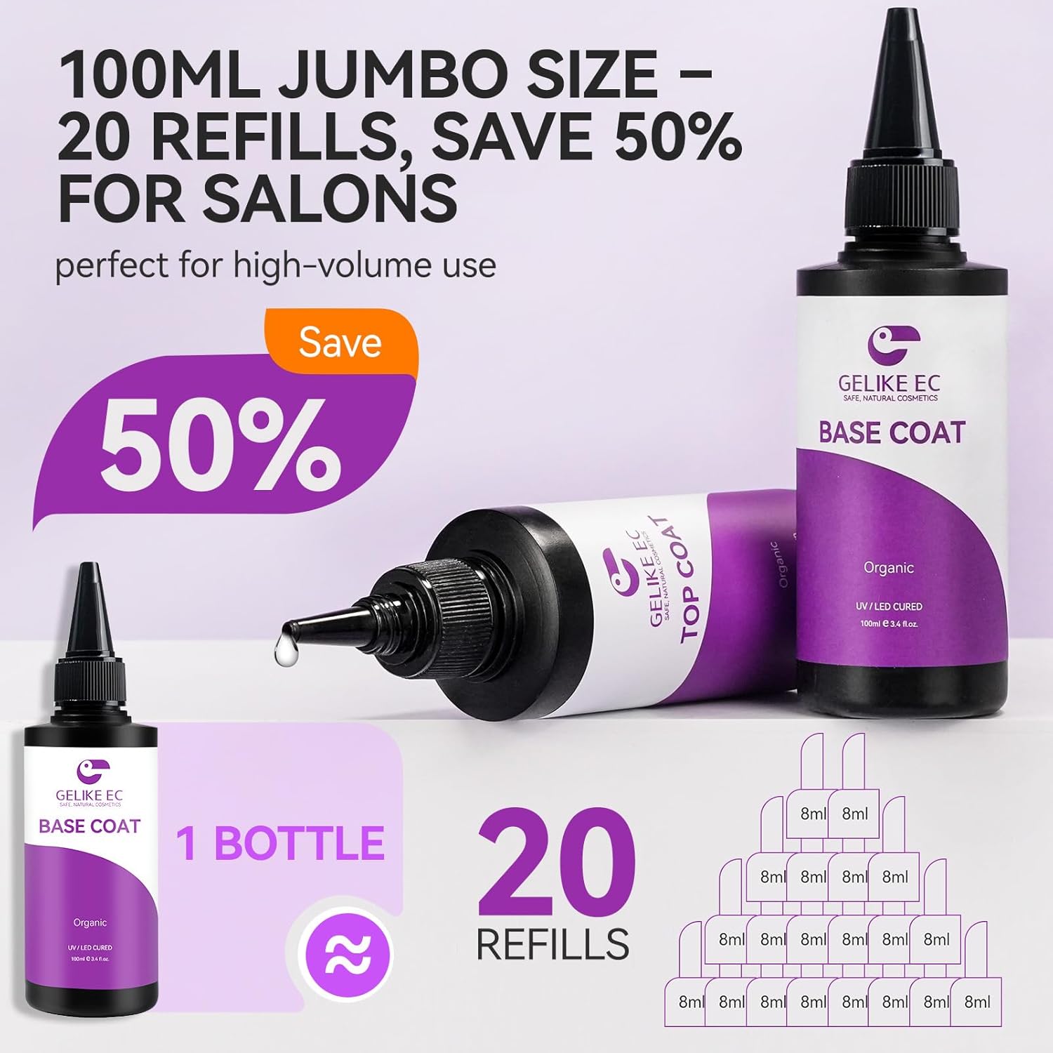 gelike ec Base Gel Top Coat Set: 2x100ml Professional Salon Duo for Long-Lasting Polish (Non-Toxic Formula)