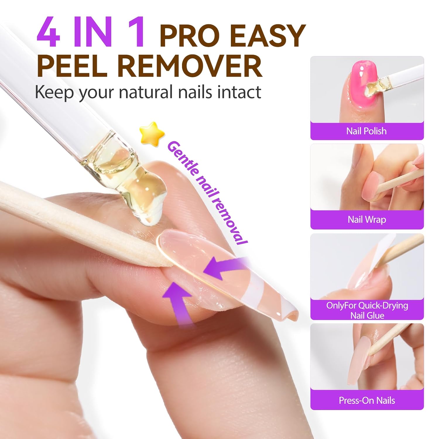 4 in 1 Gentle Nail Remover Oil for Women: Gelike EC Acetone Free Nail Polish Remover for Press on Nails - Easy and Quick for Manucurist 15ml