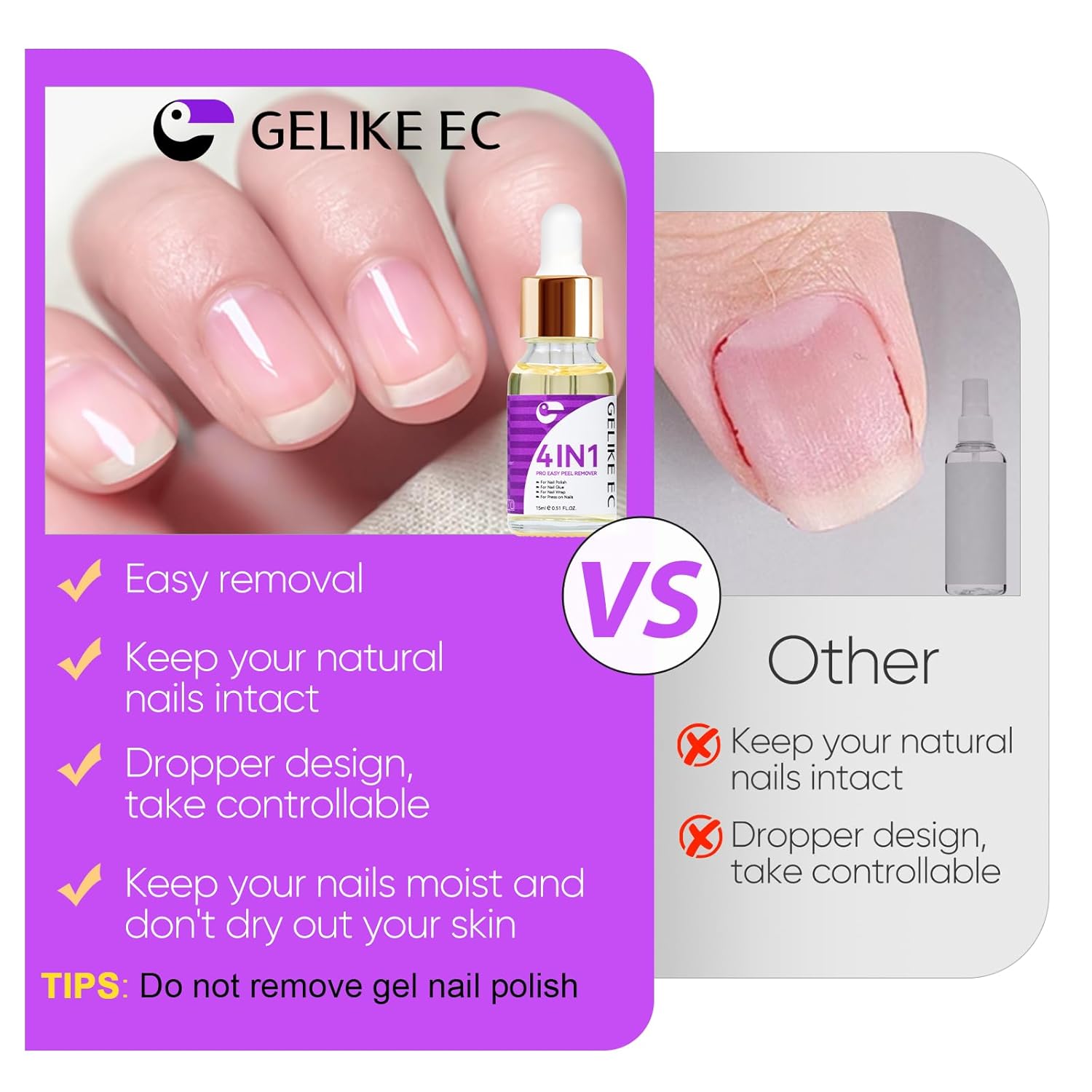 4 in 1 Gentle Nail Remover Oil for Women: Gelike EC Acetone Free Nail Polish Remover for Press on Nails - Easy and Quick for Manucurist 15ml