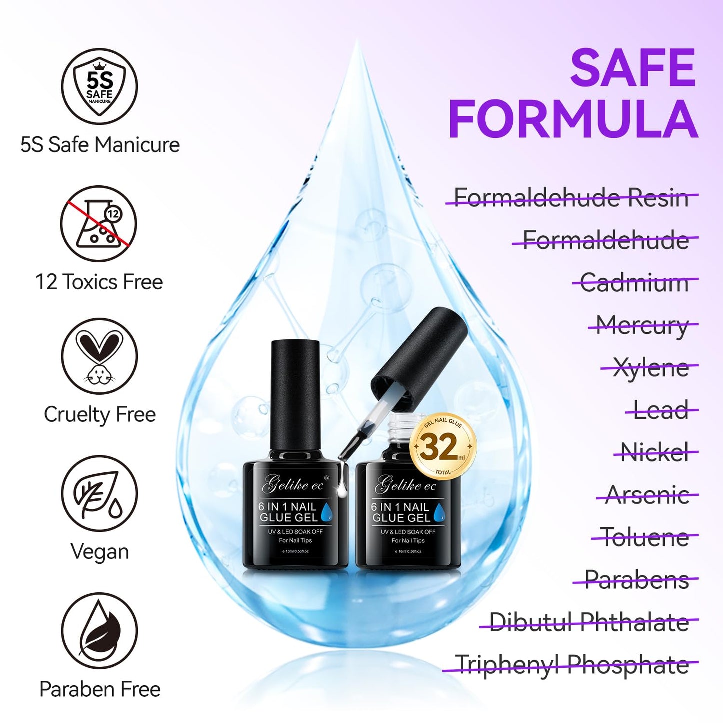 2 pcs 6 in 1 Nail Glue Gel 32ML and Short Almond Nail Tips